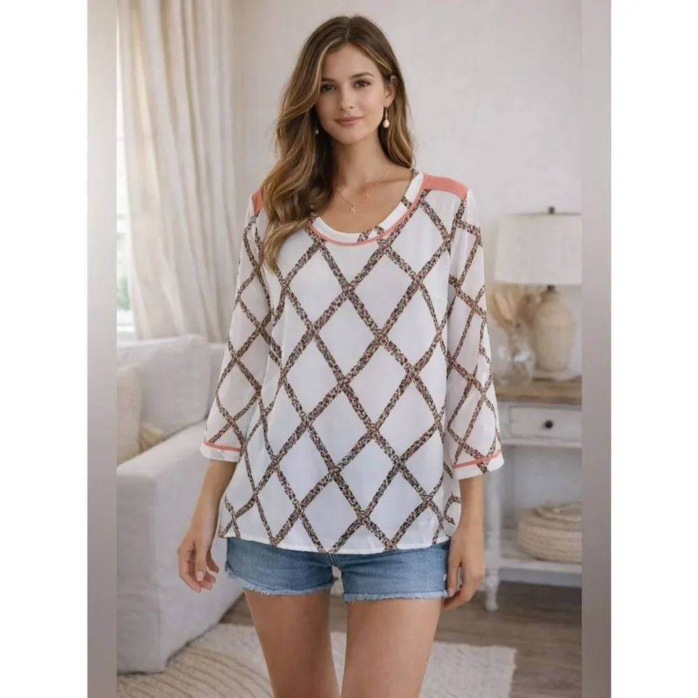 Umgee Semi Shear White Blouse with Diamond Pattern Leopard Print and Orange Trim